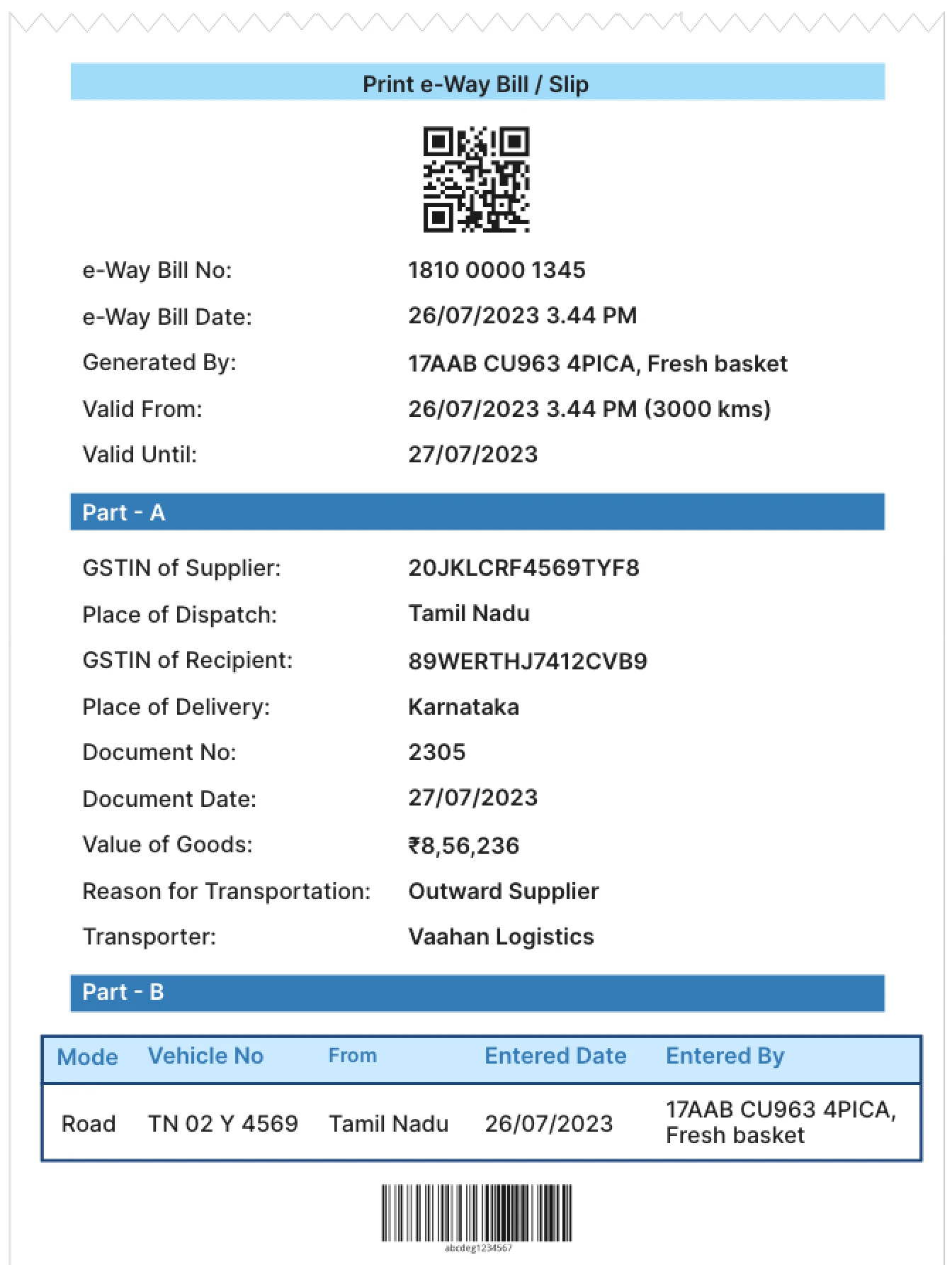 e-Way bill sample